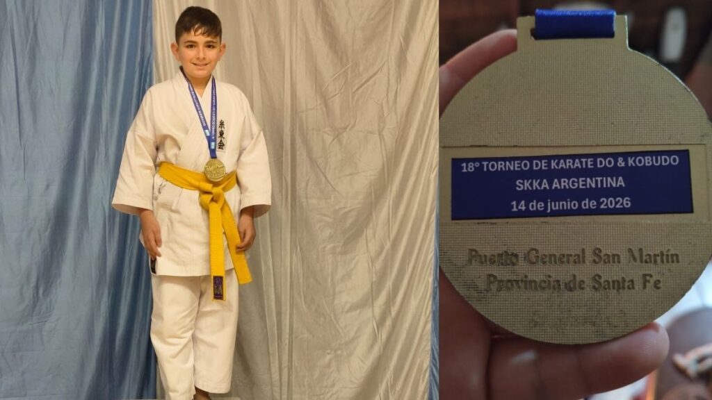 El pequeño karateca de 11 años, cinturón amarillo, representó a Pueblo Andino y se subió a lo más alto del podio en la competencia realizada en Puerto General San Martín.